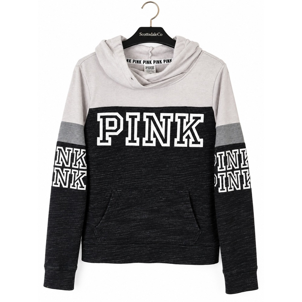 PINK Victoria's Secret Hoodie Women S Black Grey Cotton Logo Pullover Sweatshirt